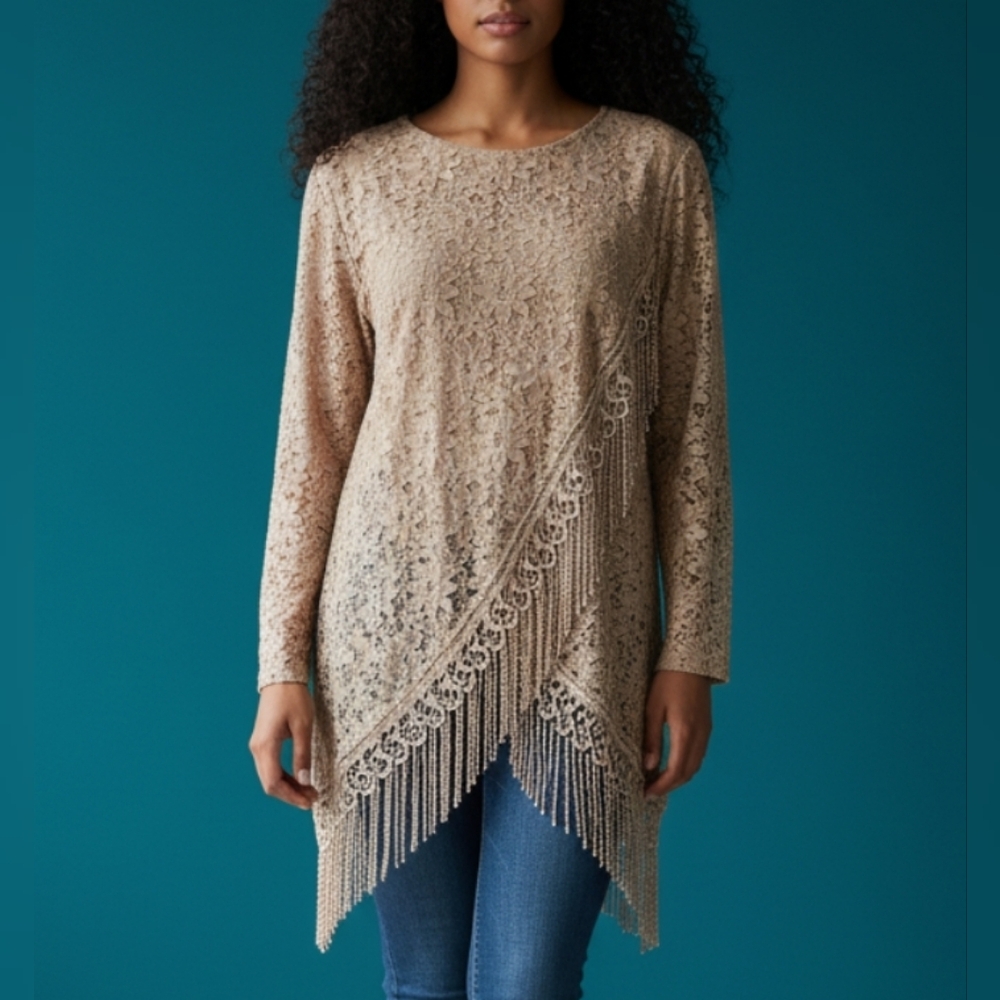 VTG Elegant Floral Lace Fringe Tunic Top Taupe Beige Boho Chic Womens Size Large
